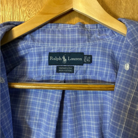 Vintage 90s Ralph Lauren Yarmouth Blue Plaid Button Down 100% Cotton 16.5 32/34 - Picture 4 of 4
